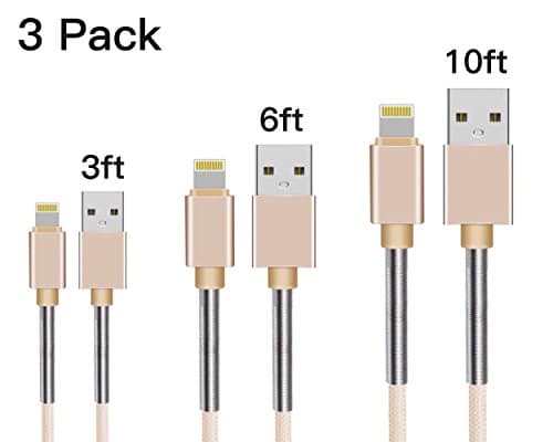 Lightning Cable, Landhoo iPhone Charger Cable - 3 pack 1M 2M 3M Nylon Braided High Speed Ultra Durable Apple Lightning Cable for iPhone 7/7 plus/6s/6s plus/6/6 plus/SE/5s/5c/5, iPad, iPod (Gold)