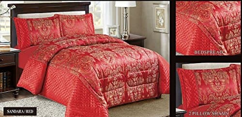 3PC Beautiful Heavy Jacquard Quilted Bedspread Comforter Set - All sizes (Super King, Sandara Red)