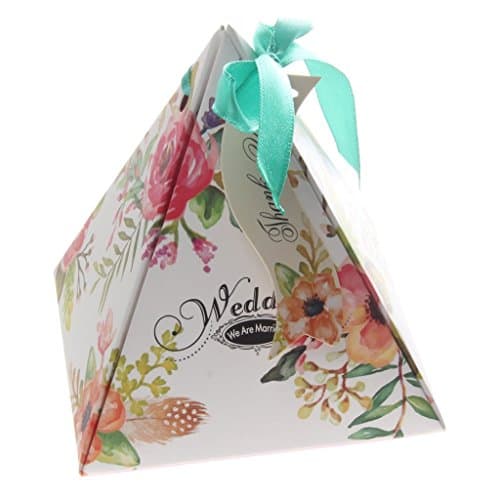 PDHU Approx.50pcs Creative Triangle Candy Gift Box with Ribbons for Wedding Party - Floral Pattern