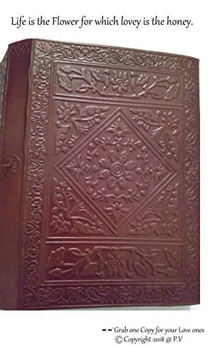 P.V  Leather Bound Blank Writing Journal Dairy Notebook Pages Antique Look Flower Of Life Design Travel Book with Blank Unlined Pages 10 Inch A5 Brass Lock Closure.