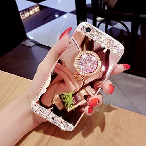 for iphone 6 6S Case Silicone Mirror,Areall [with Ring Stand Holder] Glitter Luxury Crystal Rhinestone Soft Slim Flexible Rubber Shockproof Makeup Back Cover Bumper for iphone 6/6s(4.7inch)-Rose Gold