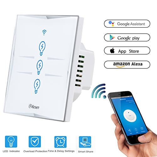 Wifi Smart Light Switch 3 Gang, Wireless Echo Remote Wall Light Switch Work with Alexa and Google Home, Tempered Glass Panel Touch Sensitive, Timing Function, Overload Protection, No Hub Required