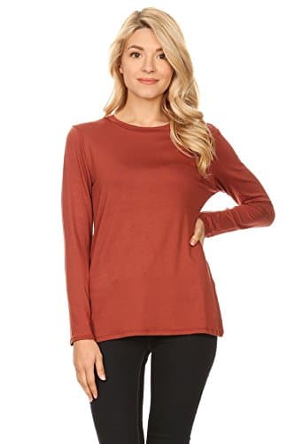 WFFS Womens Round Neck Basic Premium Fabric Long Sleeves Tunic T Shirt Top (Medium, Tobaco)