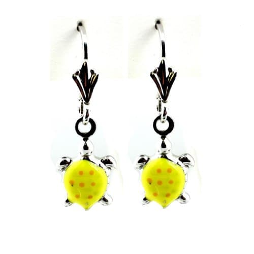 Sterling Silver Yellow Enamel Turtle Dangle Earrings