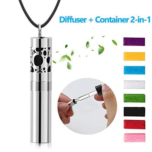 TONY & SANDY Essential Oil Diffuser Necklace with Dispenser and Container 2-in-1 Stainless Steel Aromatherapy Pendant Locket Perfume Bottle with 8 Colors Pads for Women Men Kids Leather