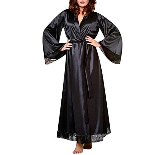 YCQUE Women's Simple Versatile Solid Color Silk Satin Robes Long-Sleeved Underwear Pajamas Set