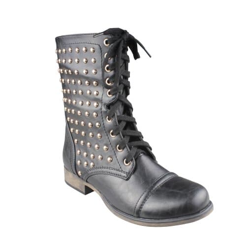REFRESH DAVINA-01 Women's Lace up & Stud Accent Mid-calf Combat Boots, Color:BLACK