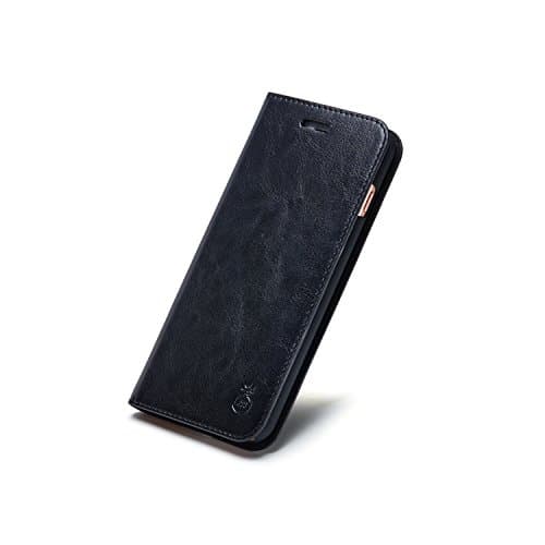 iPhone 7 Plus Case / Genuine Leather iPhone 7 Plus Wallet Case / Slim Folio Book Cover with Credit Card Slots / Cash Pocket / Stand Holder / Magnet Closure - Black