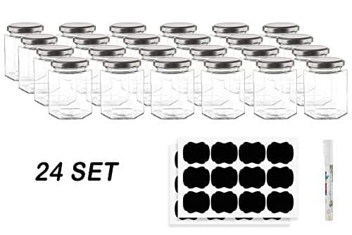 Hexagon Glass Jars by Nellam - 10 OZ, 24 Pack - Includes 48 Chalk Sticker Labels and 2x Chalk Pen. DIY Jars for Canning, Party Favors, Jams, Sauces, Herbs, Spices. (Silver Lid - 24 Pcs)