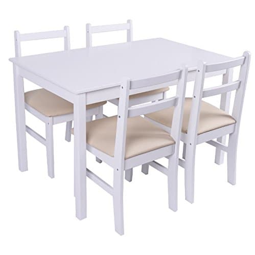 White 5 PCS Dining Set With 4 Upholstered PU Leather Cover Cushion Chairs Solid Pine Wood Construction Dinning Room Kitchen Home Decoration Furniture Breakfast Lunch Dinner Restaurant Coffee Shop