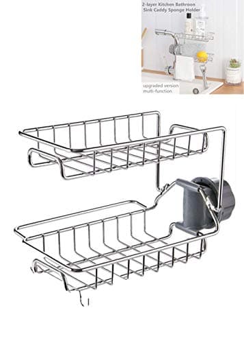 2-Layer Double deck Kitchen Bathroom sink caddy sponge holder Stainless Steel Kitchen Sink Organizer Drainer Caddy Soap Brush Dishwashing Liquid Drainer Rack, Sink Kitchen Sponge Holder Dish Brush Hol