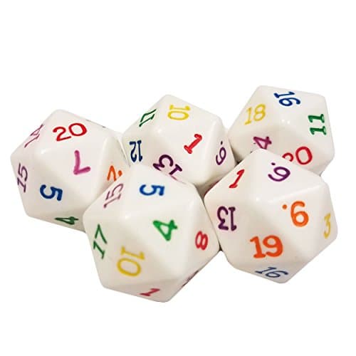 Pack of 5 - D20 20 Sided White Rainbow Multicolor Polyhedral Dice in Snow Organza Bag