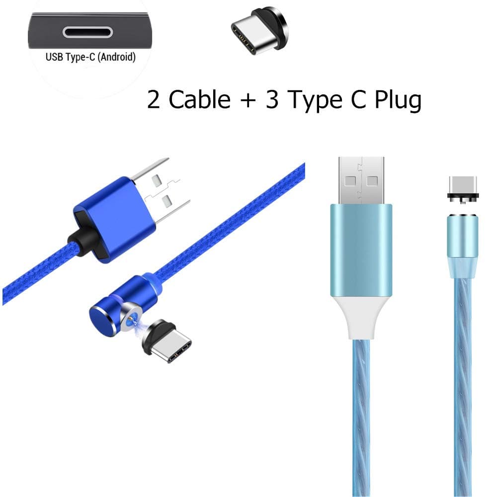 2 Pack USB C Cable Magnetic Luminous Charging Cable 3.3ft 6.6ft USB Cable with 3 USB C Magnetic Plug Compatible with Samsung Galaxy S8/S9/S10 Plus, Huawei Honor 10, LG G6 V30 and More (Blue)