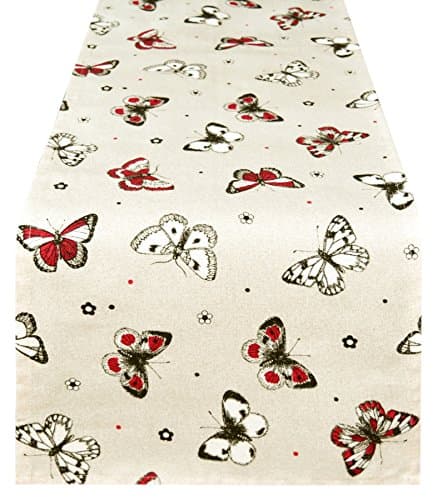 Lashuma® Red Butterfly Decorative Kitchen Collection – Table Cloth, Runner, Apron, Oven Mitt, Pot Holder, Placemat Bread Basket Cushion, Tea Towel, 100% Cotton, beige / red, Tischläufer 120 x 30 cm