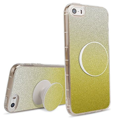 iPhone 5S/SE/5 Glitter Case with Expanding Stand Grip, Soft TPU Rubber Bumper Shockproof Cover Case for Apple iPhone 5S/SE/5, Perfect for Fashion Girl and Children - Yellow