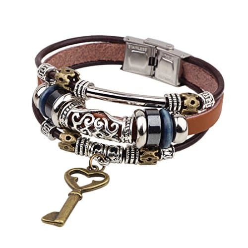Lock and Key Couples Bracelet Beaded Multilayer Leather Cuff Handmade Metal Clasp