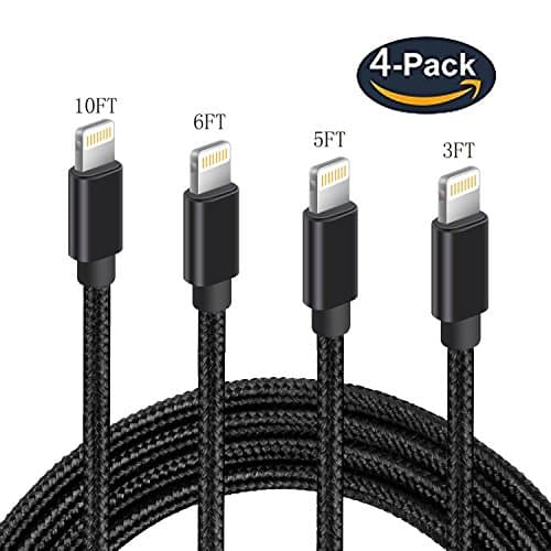 Lightning Cable,4Pack 3FT 5FT 6FT 10FT Manyi Nylon Braided Cables USB Cord Charging Charger for iPhone X , 7 Plus, 6,6s, 6+, 5,5c, 5s, SE,iPad, iPod Nano,iPod Touch (black)