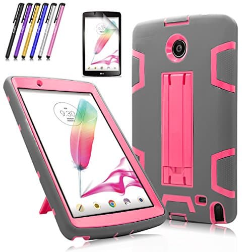 Windrew Heavy Duty rugged impact Shock-Proof Case with Build In Kickstand Protective Case For LG G Pad F 8.0 / LG GPad II 2 8.0 Inch Tablet + Screen Protector Film and stylus pen (Gray / Pink)