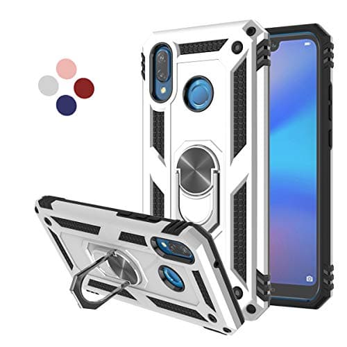 LDStars Compatible for Huawei Nova 3E Phone Case(Not Nova 3),P20 Lite Case, Heavy Duty Soft TPU Hard PC Protective Case with 360° Rotating Ring Kickstand for Magnetic Car Mount-Silvery