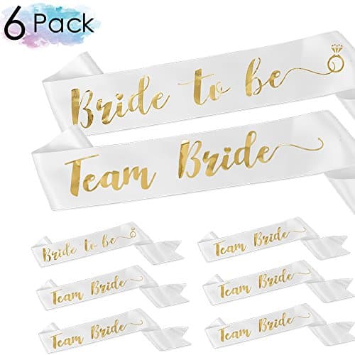 Team Bride &amp; Bride To Be 6pc Sash Set - Bridal Shower Bachelorette Party Hen Party Wedding Party Gifts Accessories (White)