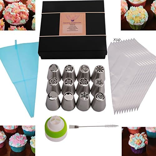 Russian Piping Tips 25 PC Set (12 Russian Tips,1 Tri-Color Coupler, 1 Silicone, 10 Disposable bags & Cleaner Brush)