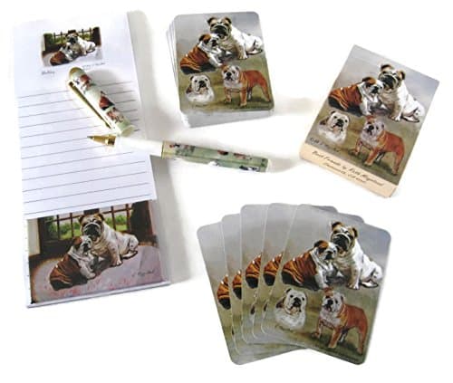 Love My Dog! Gift Set - 4 Piece Bundle- One Custom Fine Art Writing Pen, One Matching Magnetic List Pad, One Matching Decorative Magnet, One Matching Deck Playing Cards (Bulldog)
