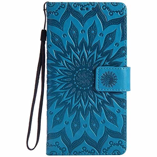 Dfly Huawei Ascend Mate 7 case, Premium Soft PU Leather Embossed Mandala Design Kickstand Card Holder Slot Slim Flip Protective Wallet Cover for Huawei Ascend Mate 7, Blue
