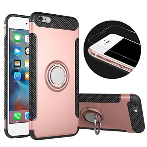 iPhone 6 Plus Phone Case & Tempered Glass Screen Protector,RP Ben Multi-function Car Holder Stand Magnetic Suction Bracket Finger Ring TPU + PC Cover Case for Apple iPhone 6 Plus/6S Plus(Rose gold)