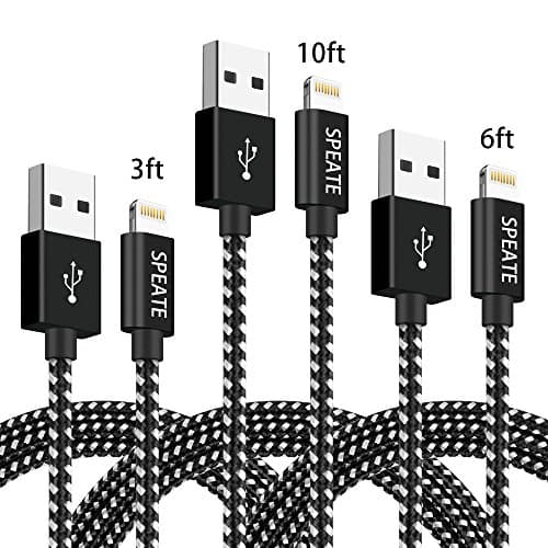 SPEATE,Lightning Charger Cables,3PCS 3FT 6FT 10FT Extra Long Nylon Braid Lightning Cord Charger Cable Compatible with iPhoneX/8plus7/7Plus/6/6s/6plus/6splus/5s,iPad, iPod and More (Black+Silver white)