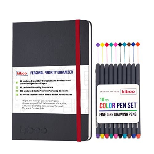 KIBOO Personalized Leather Journal Notebook 2017-2018 - Professional &amp; Personal Success A4/ 8.3" x 11.7" Black, Undated Daily Planner Agenda - Best Weekly &amp; Monthly Academic Goal Organizer Calendar