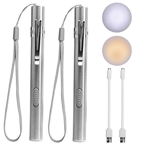 Premium Pen Lights for Nurses USB Rechargeable Nursing Penlight Flashlights 2 Pack White/Yellow Light for Medical Students Doctors Stainless Steel Body (2)