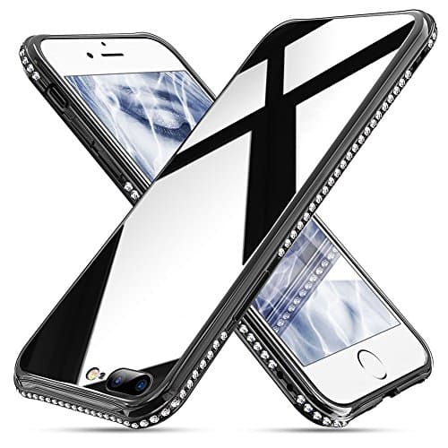 Case for iPhone 7 Plus 8 Plus, Cute Bling Sparkle Diamond Case with Tempered Glass Back Cover [Anti Fingerprint] Protective Bumper for Girls Women (Black)