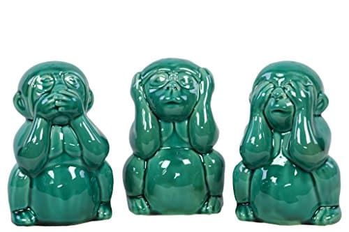 UTC10872-AST Ceramic Sitting Monkey No Evil (Hear/Speak/See) Figurine Assortment of Three Gloss Finish Turquoise
