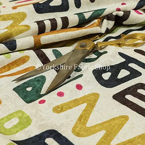 Multi Coloured Tribal Script Geometric Pattern Shiny Velvet Upholstery Fabrics (1 Metre)
