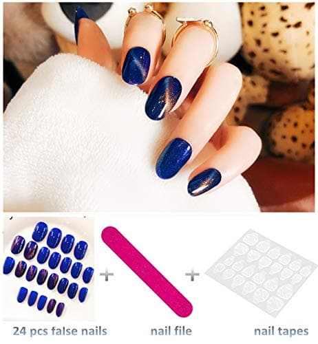 editTime 24PCS Oval Medium Long False Nails Cat Eye Full Cover Fake Nails Tips Chrome Bright UV Gel Nail Art Salon (blue)