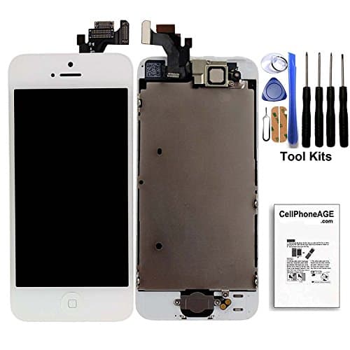 CELLPHONEAGE For iPhone 5 New LCD Touch Screen Replacement With Home Button and Camera White Full Set with Spare Parts Digitizer Display Assembly Replacement + Free Tool Kits (White)