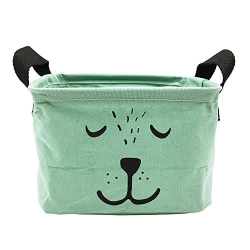 Small Foldable Storage Basket with Handles, Cotton Linen Storage Bin Organizer for Nursery Kids Shelves & Desks (Lovely Smile, Cyan)