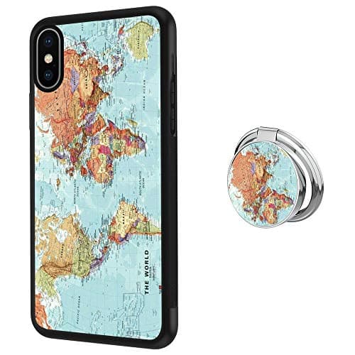 Case for iPhone Xs X 10 case Green World Map With Ring Holder Slim Soft and Hard Tire Shockproof Protective Phone Cover Case Slim Hybrid Shockproof Protective Case Anti-Scratch Cushion Bumper with Rei