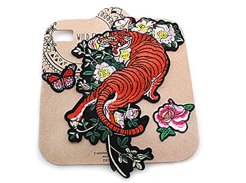 Dear Riley DIY Iron On Decorative Applique Patch Three Piece Set, Embroidered Tiger, Butterfly & Pink Rose