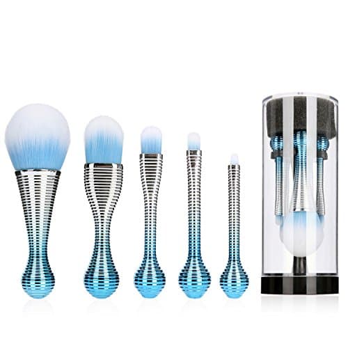 Lollipop Makeup Brushes Set, Silky Select 5pcs Professional Tiny Face Brush with Holder for Cosmetics Eye Shadow Lip Contour Foundation Brushes in Portable Travel Case for Easy Hang and Dry-Blue