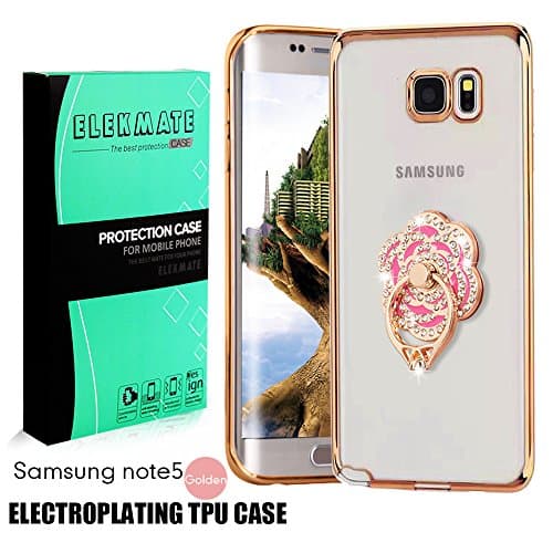 [Ring Buckles + Electroplate Frame TPU] Samsung Galaxy Note 5 Clear Case, ELEKMATE Ultra Thin Slim Protective Back Cover Case for Galaxy Note 5 [CZ Diamond] (Gold+Pink Flower)