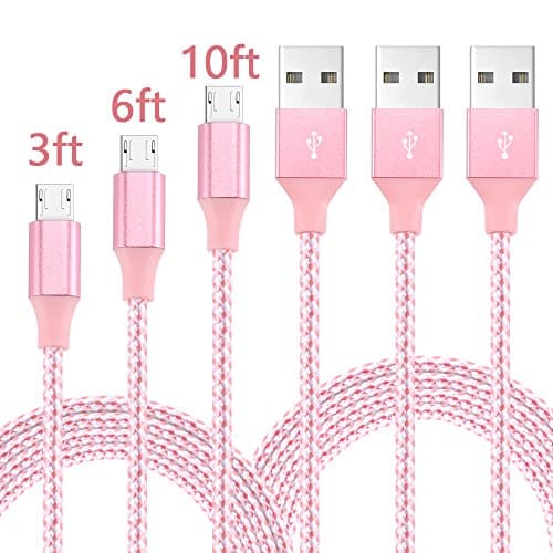Airsspu Micro USB Cable,3Pack 3FT 6FT 10FT Nylon Braided High Speed Android Charger USB to Micro USB Cable Samsung Fast Charger Charging Cord for Samsung Galaxy S7 Edge/S6/S4/Note 5/Note 4(Pink)