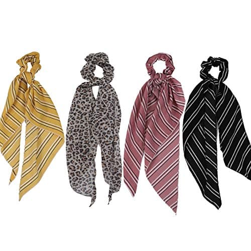 4 Pcs Leopard Bow Scrunchies with Printed Pattern Chiffon, Vintage Hair Bands Ponytail Holder Accessories Elastic Hair Scarf Ties Bowknot Bands for Girls and Women