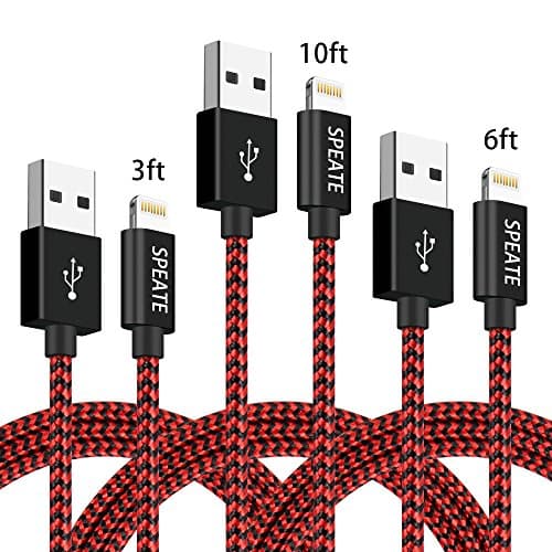 SPEATE,Lightning Charger Cables,3PCS 3FT 6FT 10FT Extra Long Nylon Braid Lightning Cord Charger Cable Compatible with iPhoneX/8plus7/7Plus/6/6s/6plus/6splus/5s,iPad, iPod and More (Red+black)