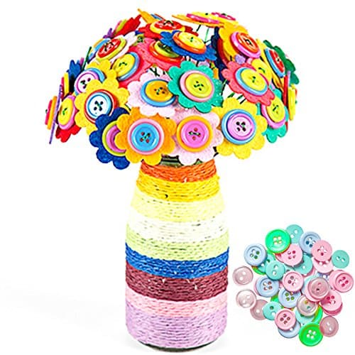 DIY Button Flowers Set, Craft Iron Wire Button Felt Bouquets Kit, 40 flowers with Glass Bottle