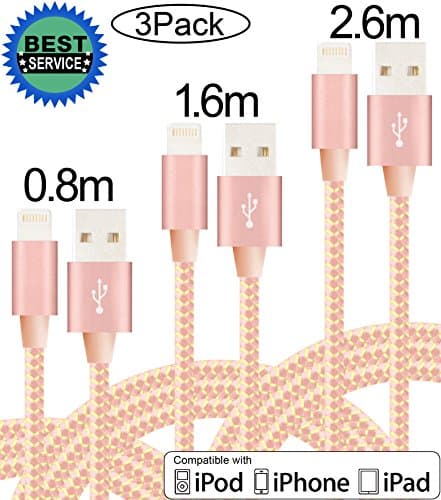 Anbso 3Pack 0.8M 1.6M 2.6M Lightning to USB Cable Charger with 8-Pin Connector Compatible with iPhone 7/ 7 plus/ iPhone 6/ 6 Plus/ 6s/ 6s Plus /5/5s/5c/iPad/iPod and More (Rose gold & gold)