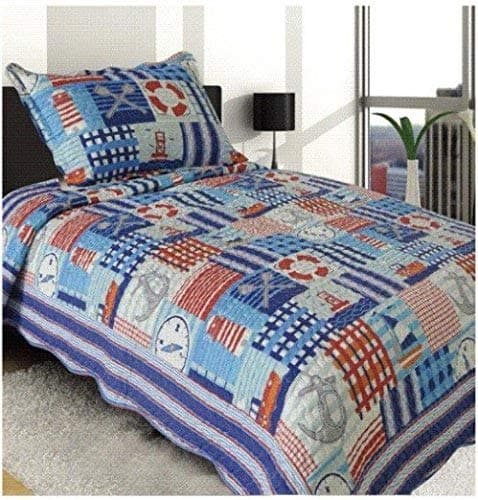 Elegant Home Multicolor Patchwork Blue White Red Nautical Coastal Ships Lighthouse Sailor Anchor Nature Themed Style 2 Piece Coverlet Bedspread Quilt for Kids Teens Boys Twin Size # 93