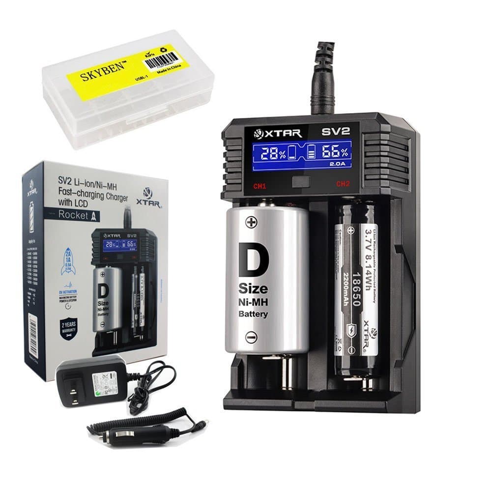 Bundle: XTAR SV2 Rocket Battery Charger with LCD and Skyben Battery Case Compatible with 10440/14500/14650/17500/17670/18350/18650/18700/22650/26650 Li-ion/IMR/INR/ICR/Ni-MH/Ni-CD Battery