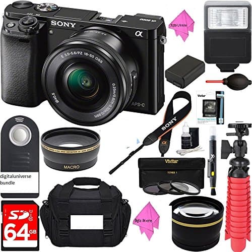 Sony Alpha a6000 24.3MP Wi-Fi Mirrorless Digital Camera + 16-50mm Lens Kit (Black) + 64GB Accessory Bundle + DSLR Photo Bag + Extra Battery+Wide Angle Lens+2x Telephoto Lens+Flash+Remote+Tripod