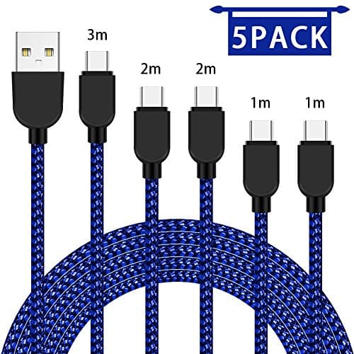 USB Type C Cable,SOCOUL Nylon Braided 5 Pack (3/3/6/6/10 ft) with USB Long Cable Fast Charger Cord for Samsung Galaxy S9,LG V30 V20 G6 G5,Note 8,S8 Plus,Google Pixel,Nexus 6P 5X(Black&amp;Blue)
